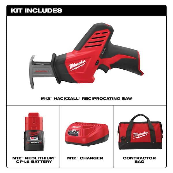 M12 12V Lithium-Ion HACKZALL Cordless Reciprocating Saw Kit with One 1.5Ah Battery, Charger and Tool Bag