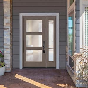 Regency 53 in. x 80 in. Modern 3-Lite Equal Clear Glass LHOS Ashwood Mahogany Fiberglass Prehung Front Door 14 in. SL