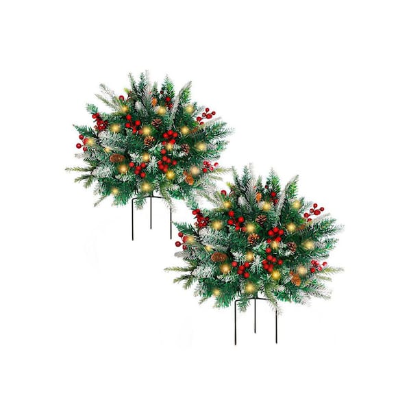 Lighted Christmas Urn Filler 24 in. Warm White Artificial Plant Pine Tree with Berries Cones 2 Pack Holiday Decor