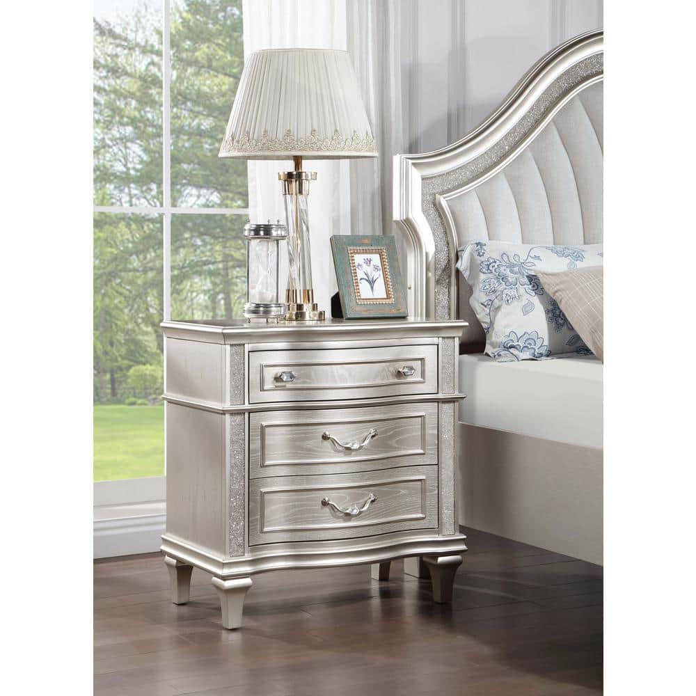 Evangeline Silver Oak 3-Drawer Glam Nightstand with USB Ports