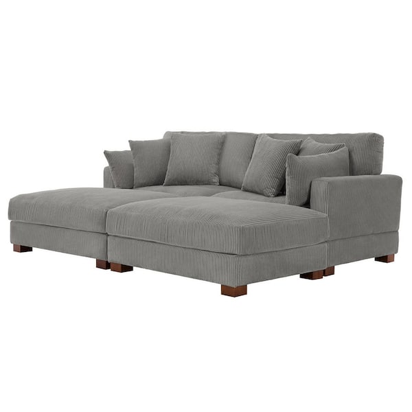 88 in. W Modern Square Arm Corduroy Upholstered Sectional Sofa in Light Gray with 4-Square Pillows
