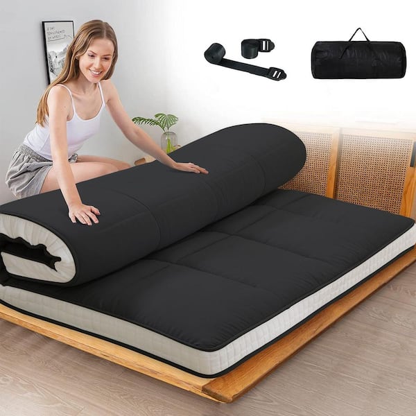 Japanese Floor Mattress 4 in, Polyester Fill Tatami Mat Sleeping Pad Foldable Roll Up Mattress, Queen, Black