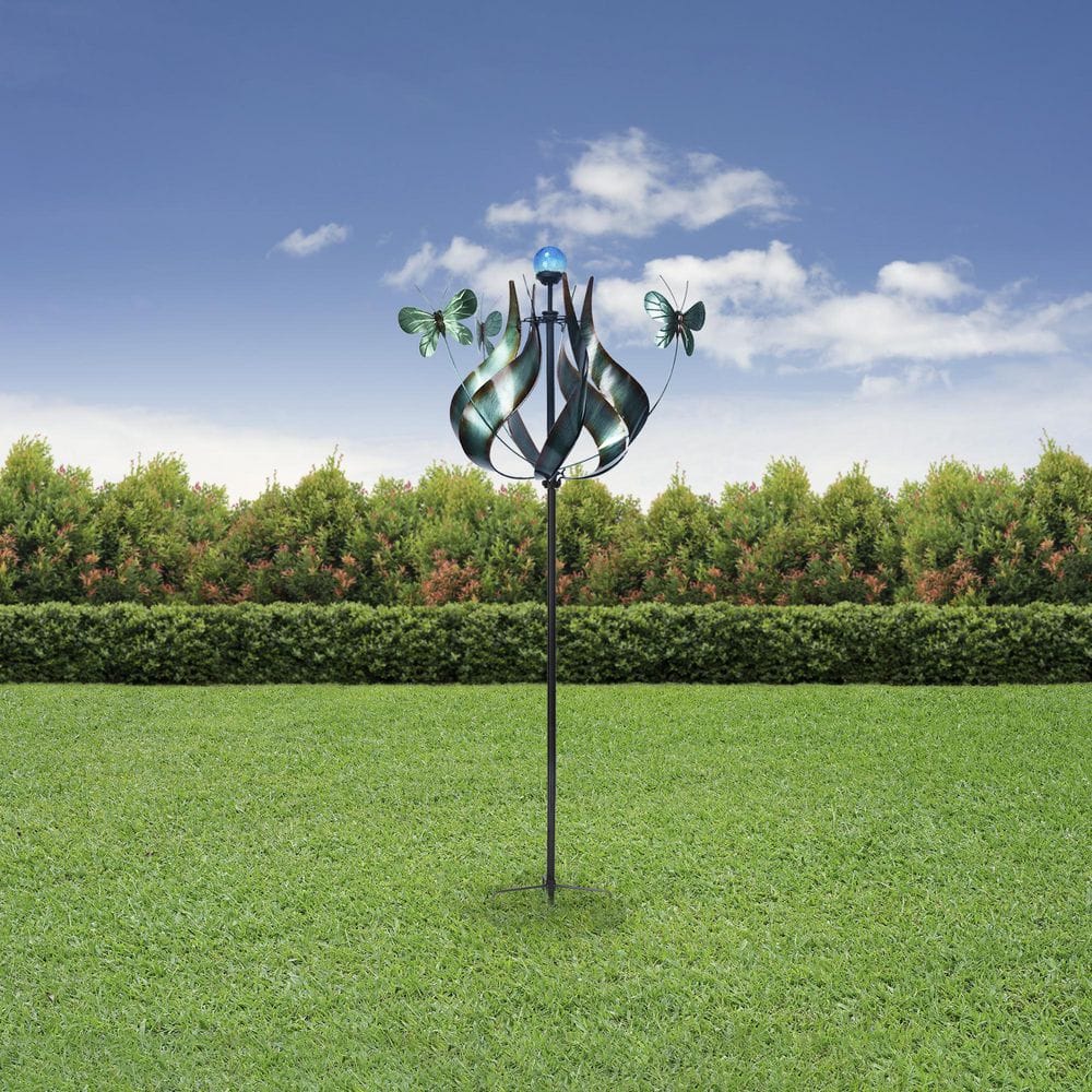 Teal Metal Tulip and Butterfly Kinetic Windmill with LED Light