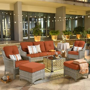 Palffy Gray 6-Piece Wicker Patio Conversation Seating Set with Orange Red Cushions and Coffee Table