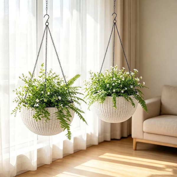 White Resin Hanging Basket, Self Watering Hanging Basket for Indoor Outdoor Plants Hanging Flowerpots for Balcony 2-Pack W3213P383065Q