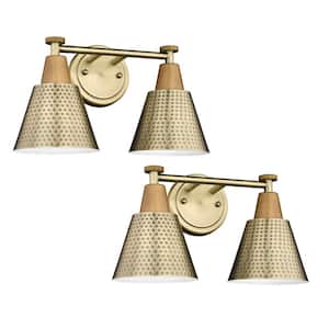 Modern 14.8 in. 2-Light Wall Sconces Brass Bathroom Light Fixtures Vanity Light with Hammered Metal Shade (2-Pack)