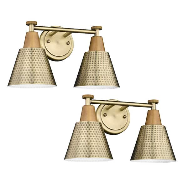 JAZAVA Modern 14.8 in. 2-Light Wall Sconces Brass Bathroom Light Fixtures Vanity Light with Hammered Metal Shade (2-Pack)