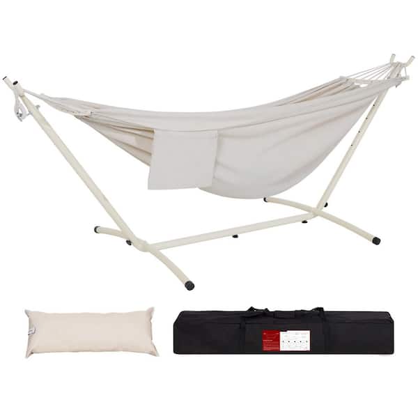 AURA OUTDOOR 9 ft. 2 Person Heavy Duty Outdoor Hammock with Durable Steel Stand, Rope Bracket, Carring Bag, Beige