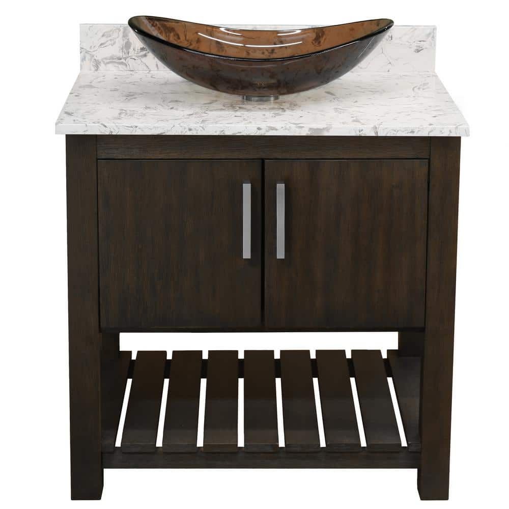Ocean Breeze 31 in. W x 22 in. D x 31 in. H One Clear Tea Sink with BN Drain Bath Vanity in Cafe w/Cafe Mocha Quartz Top price history on PriceWatchPro