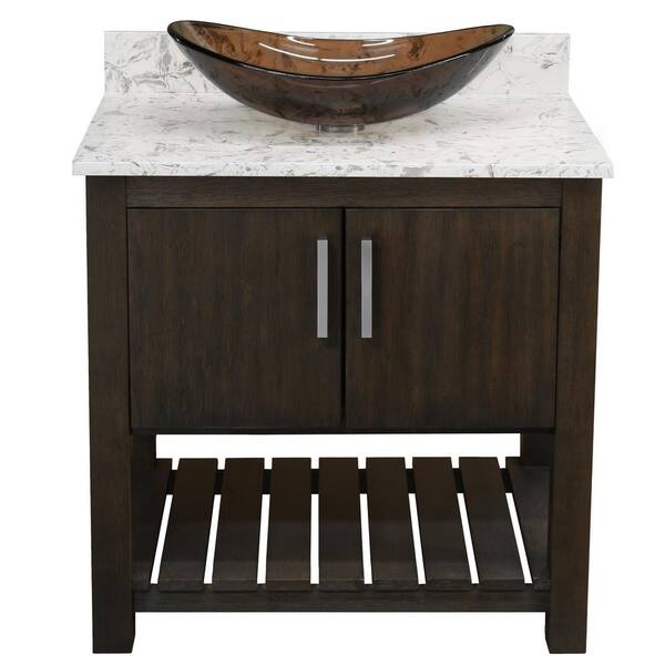 Novatto Ocean Breeze 31 in. W x 22 in. D x 31 in. H One Clear Tea Sink with BN Drain Bath Vanity in Cafe w/Cafe Mocha Quartz Top
