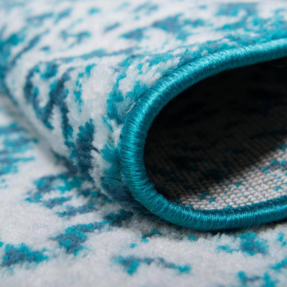 Turquoise and White Synthetic Reversible Runner Rug