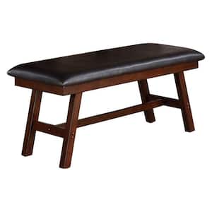 Rubber Wood Brown Bench with Faux Leather Upholstery