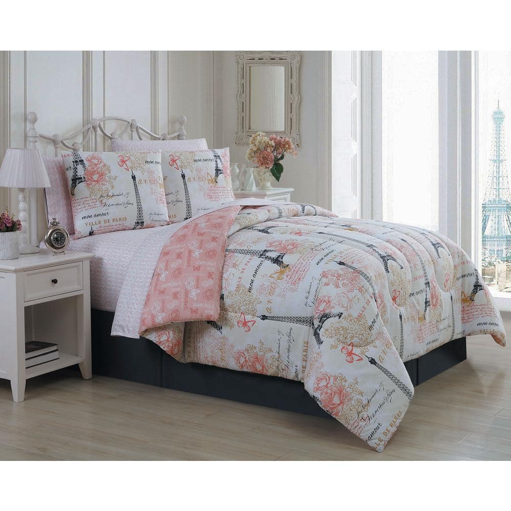 Amour 6 Piece Pink Twin Comforter Set, Pink Twin Bed Comforter