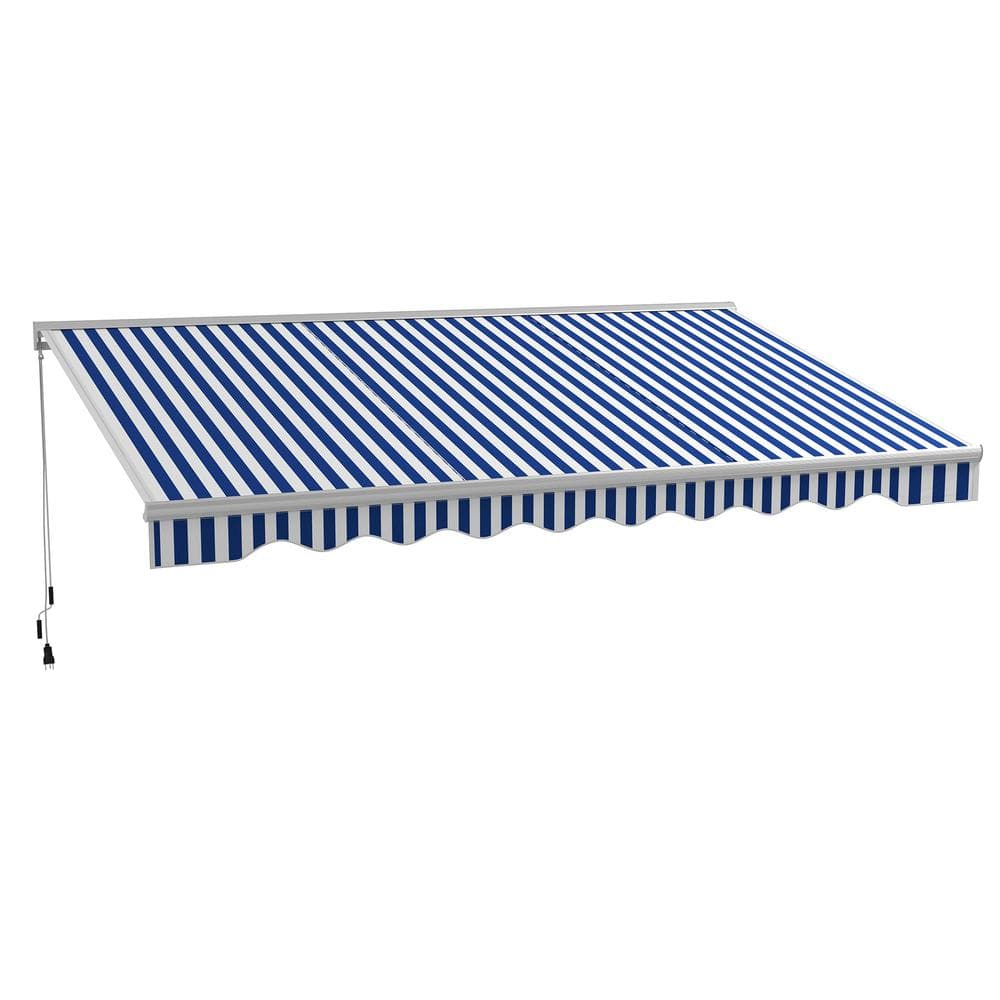 Outsunny 10 ft. x 16.5 ft. Blue and White Stripes Electric Retractable Awning with Remote Controller and Crank Handle