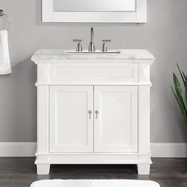 HOMEVY STUDIO Dorian 36 in. W x 22 in. D x 35.63 in. H Single Sink Freestanding Bath Vanity in Matte White with Carrara Marble Top
