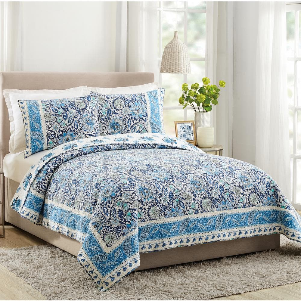 Bisou Blue Floral King Cotton Quilt (Set of 3)