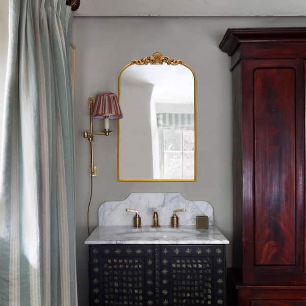 18.9 in. W x 31.1 in. H Baroque Classic Antique Gold Arched Stainless Metal Frame Wall Mirror