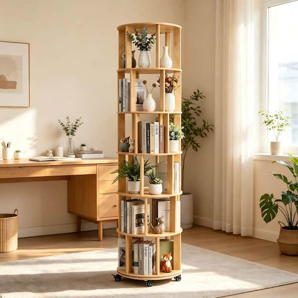 Modern 77.95 in. Tall Natural Finish Wood 6-Shelf Rotating Corner Bookcase with Locking Casters