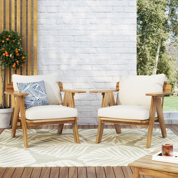 Outdoor Acacia Wood Club Chair with Beige Cushions, for Garden Backyard Porch Balcony, Set of 2
