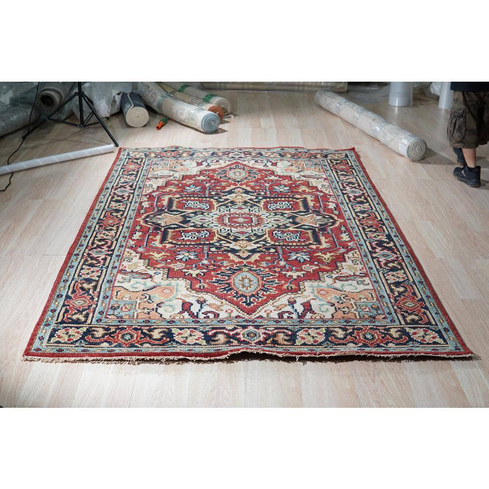 Traditional Serapi Hand-Knotted Wool Rug in Red and Navy, 9' x 12'