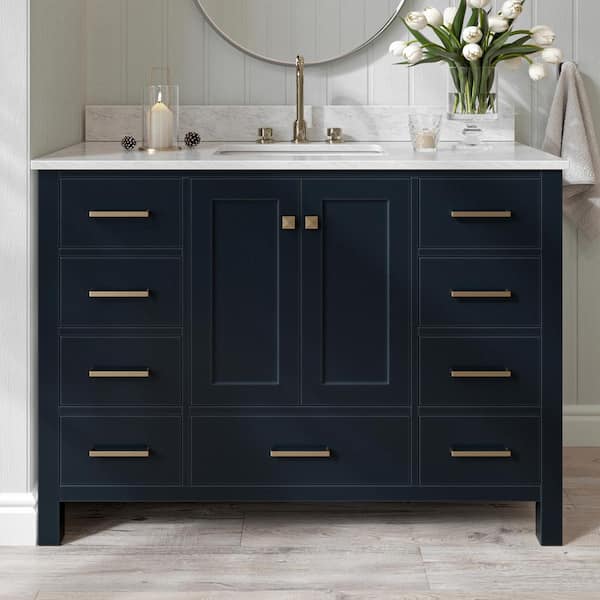 ARIEL Cambridge 49 in. W x 22 in. D x 35.25 in. H Bath Vanity in Midnight Blue with White Marble Vanity Top