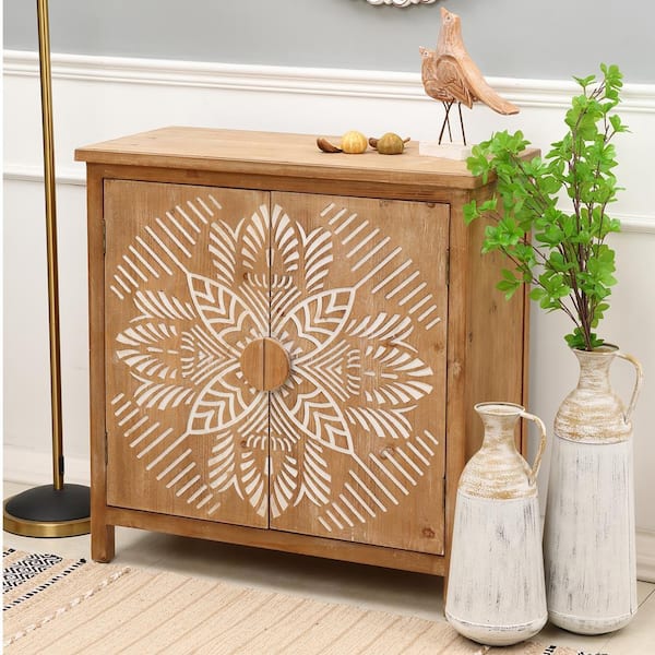 LuxenHome Floral Storage Natural Wood White Accent Cabinet