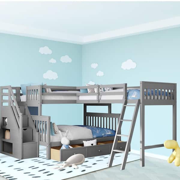 SUNRINX Gray Twin Over Full L-Shaped Bunk Bed with 3-Drawers, Ladder and Staircase