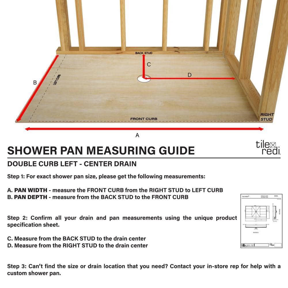 Tile Redi 36" x 36" Square Double Curb Shower Base with Center Drain