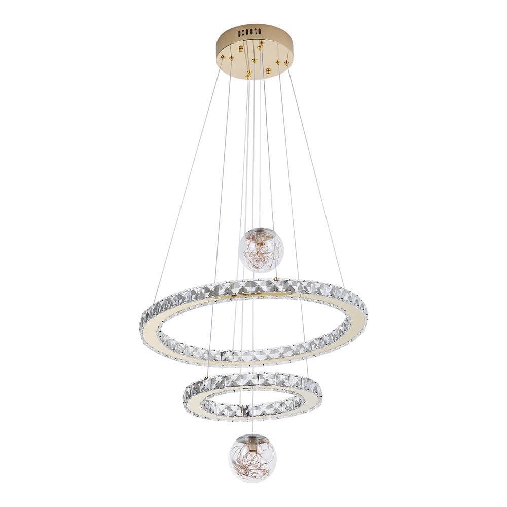 OUKANING 19.68 in. 1-Light Gold Modern Crystal 2 Rings LED Pendant