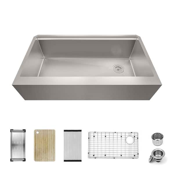 Sinber 304 Stainless Steel 16-Gauge 36 in. Single Bowl Farmhouse Apron Workstation Kitchen Sink with Accessories