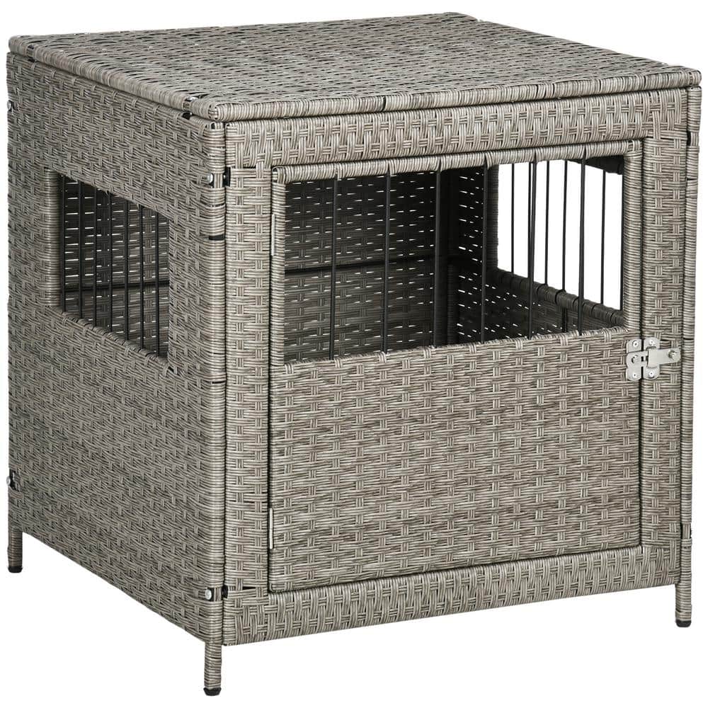 PawHut Rattan Dog Crate, Wicker Dog Cage with Lockable Door and Soft Washable Cushion, Dog Kennel Furniture for Small Sized Dogs, Grey, Gray