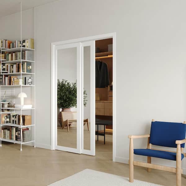 48 in. x 80 in. White MDF Sliding Door with Double Mirrored 1 Panel Glass, All Hardware