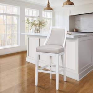 Ellis 31 in. White Tall Back Wood Swivel Bar Stool with Gray Faux Leather Seat, 1-Stool