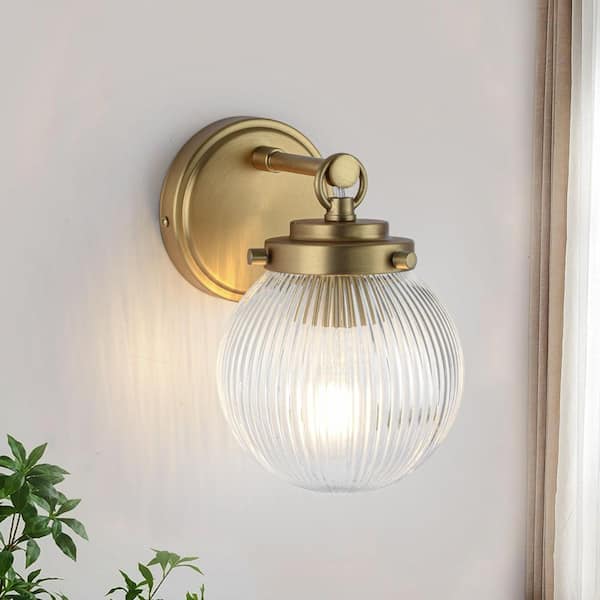 5.91 in. 1-Light Brushed Gold Vintage Industrial Wall Sconce Lighting Fixture with Round Clear Globe Ribbed Glass Shade