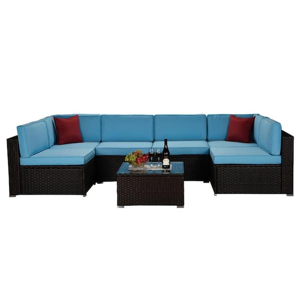 ANGELES HOME 7-Piece Brown Wicker Patio Conversation Set Sectional Blue Cushioned Sofa Sets with 2-Red Pillows