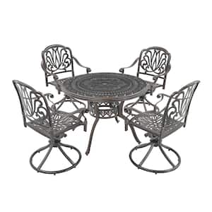Bronze 5-Piece Cast Aluminum Outdoor Dining Set Round Dining Table with Umbrella Hole and Swivel Chair
