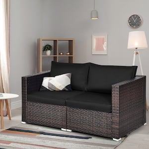 Brown 2-Piece Wicker Outdoor Loveseat Sofa with Black Cushions