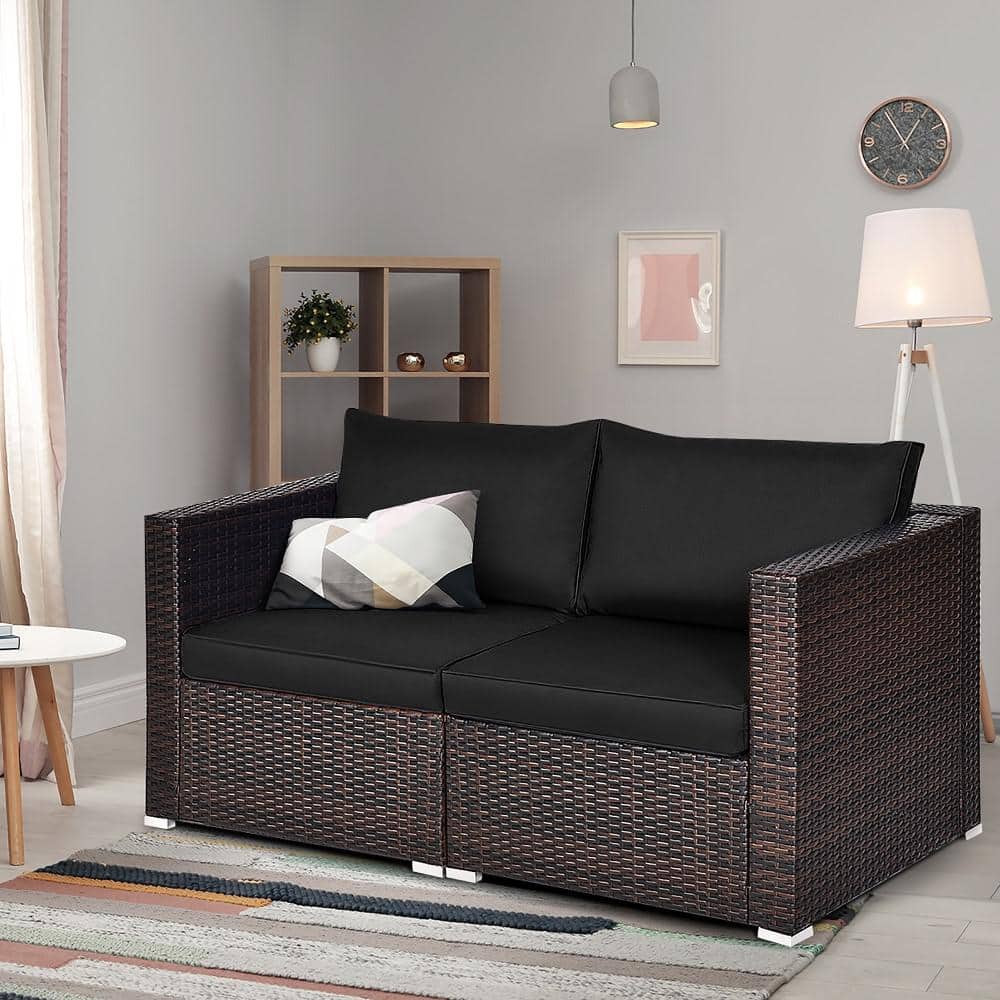 Black Wicker and Metal Two-Seater Outdoor Sectional Sofa