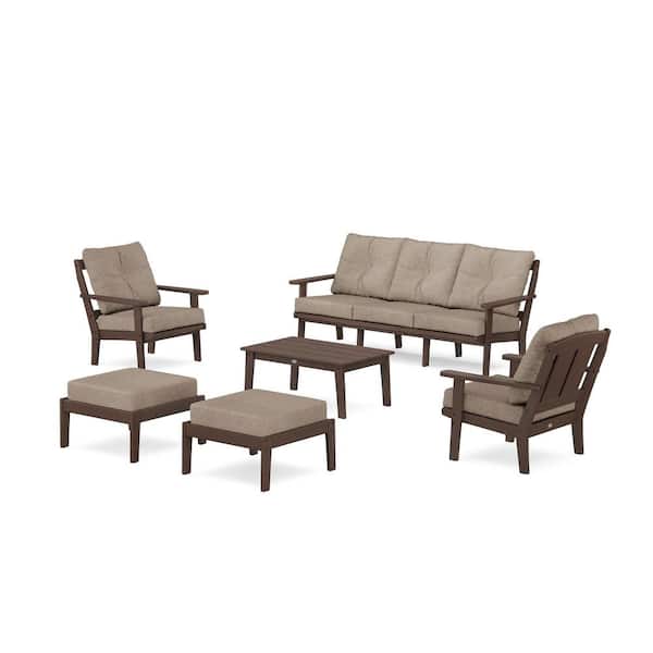POLYWOOD Mission 6-Pcs Plastic Lounge Sofa Set in Mahogany/Spiced Burlap Cushions
