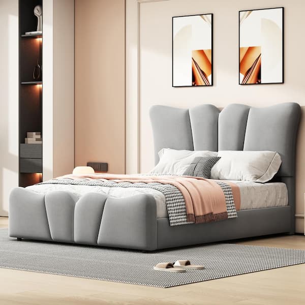 Harper & Bright Designs Gray Wood Frame Twin Size Velvet Upholstered Platform Bed with Flower-shaped Headboard and Footboard