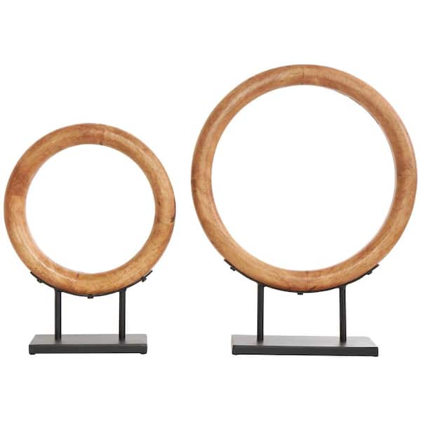 Litton Lane Brown Wood Circular Ring Geometric Sculpture with Black Metal Stands (Set of 2)