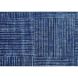 Navy Blue 2 ft. x 3 ft. Striped Washable Area Rug with UV Protection