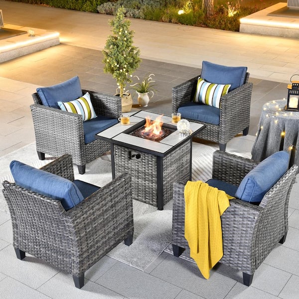OVIOS New Vultros Gray 5-Piece Wicker Patio Fire Pit Conversation Seating Set with Blue Cushions