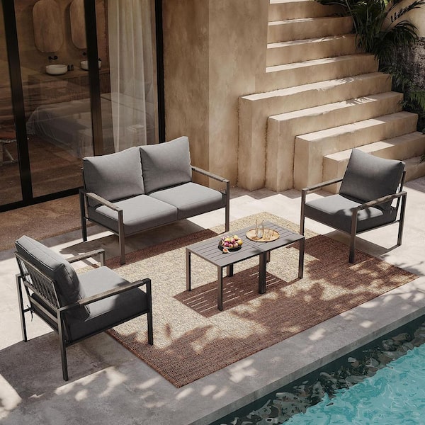 AURA OUTDOOR 5-Piece Metal Patio Conversation Set 4-Seat Outdoor Sofa Set with Gray Cushions and Coffee Tables