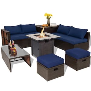 9-Piece Space-Saving Wicker Patio Conversation Set with Propane Fire Pit Table & Storage Box & Navy Cushions