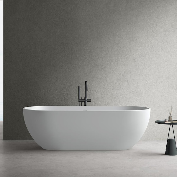 ANGELES HOME 59 in. x 29.53 in. Stone Resin Solid Surface Soaking Bathtub with Center Drain in Matte White
