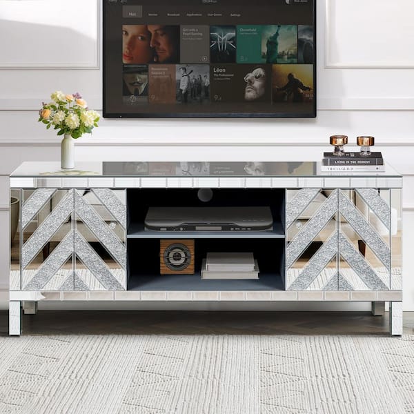 59 in. Antique Silver TV Stand for 65+ in. TVs, Solid Wood and MDF Console with M-Shape Mirror Doors and Open Shelves
