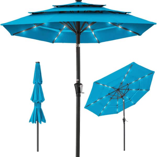 Angel Sar 10 ft. 3-Tier Market Solar Patio Umbrella with Tilt Adjustment, 8 Ribs and 24 LED Lights in Sky Blue
