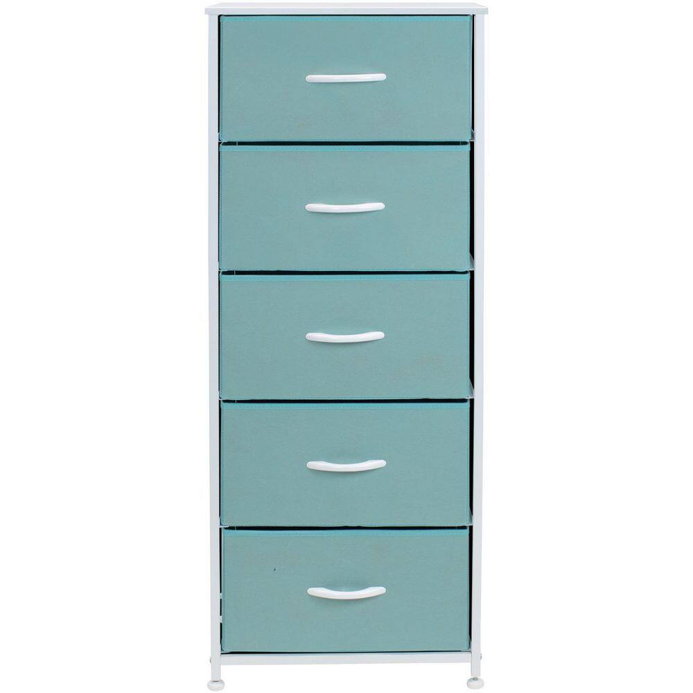 Aqua Fabric 5-Drawer Tall Storage Dresser with Steel Frame