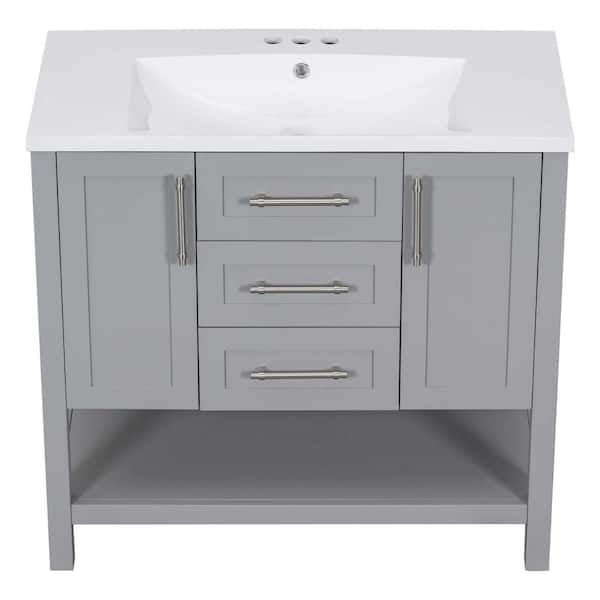 Boosicavelly 36.0 in. W x 18.0 in. D x 34.0 in. H Single Sink Freestanding Bath Vanity in Gray with White Resin Top
